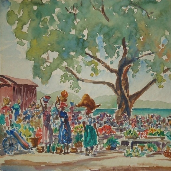 VINTAGE 1950s watercolor of ladies in food picnic area, signed - Picture 5 of 7